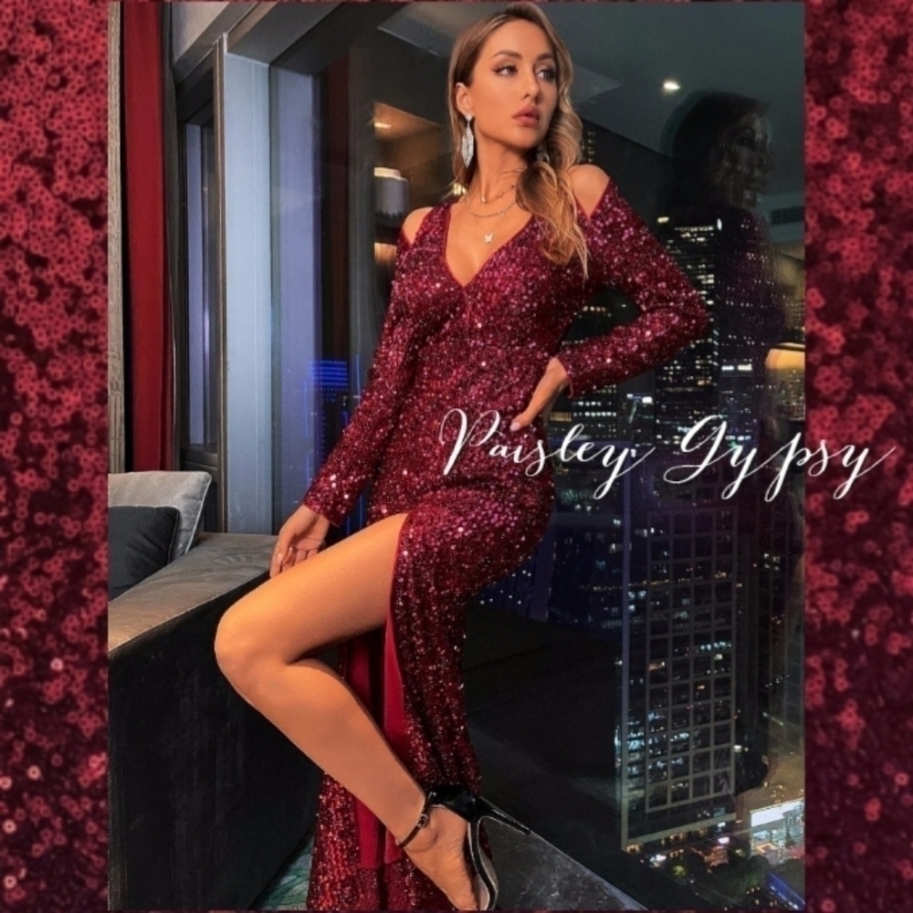 Maroon Sequined Ball Gown for Special Events - Picture 5 of 13